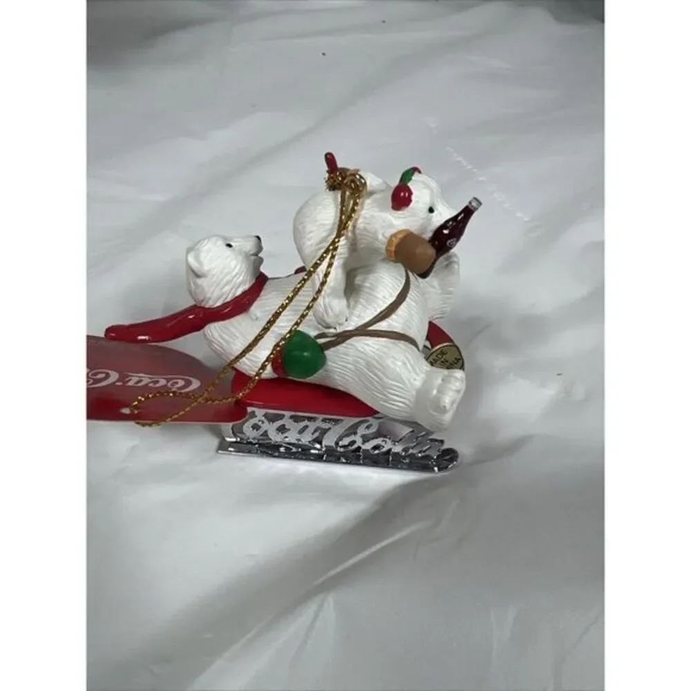 1997 Coca-Cola Polar Bear Collection‎ Coke 2 Bears Sled Christmas Ornament VTG